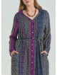 Shirt Collar Belt Detailed Purple Patterned Long Sleeve Plus Size Dress 4612